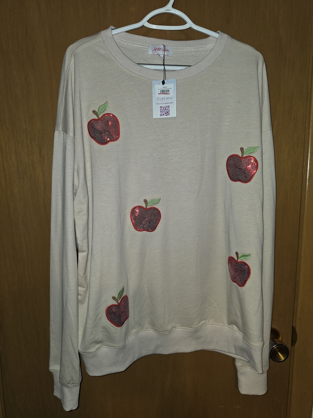 Cream Sweatshirt with Red Sequin Apple Appliqués